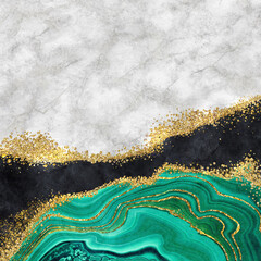 abstract background, artificial stone texture, green agate black obsidian white marble and gold glitter foil, modern marbled wallpaper - obrazy, fototapety, plakaty