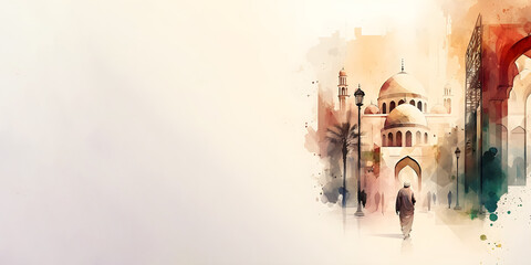 Islamic watercolor background with person go to mosque illustration, ramadan kareem, mawlid, iftar, eid al fitr adha, muharram, copy space, 3D illustration. generative ai