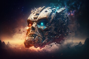 Giant robot head destroyed in the surface of an unknown planet. Generative AI