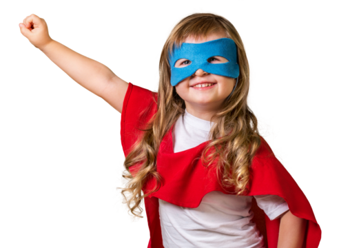 Little child Superhero. In mask and cloak