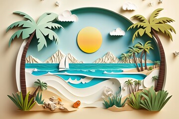 Landscape with sunset, coconut trees and beach, made from paper cutouts. Generative AI