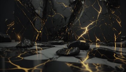 black marble texture with gold kintsugi elements wallpaper background created with generative ai technology