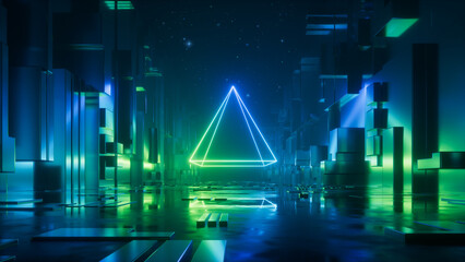 3d render, abstract blue green neon background. Holographic triangular pyramid glowing in the dark, levitating above the street. City under the starry night sky. Digital geometric wallpaper - obrazy, fototapety, plakaty