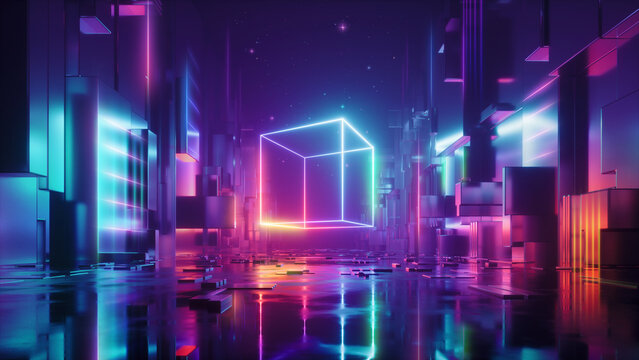 3d render, abstract red blue neon background. Glowing linear volumetric cube in the middle of the city street, under the starry night sky. Digital futuristic wallpaper