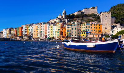 Fototapeta premium View of Portovenere small colorful town with Doria Castle on Ligurian coast of Italy
