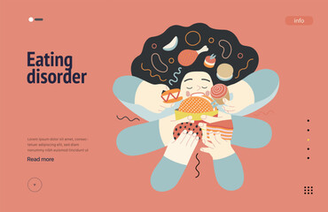Mental disorders web template. Eating disorder - modern flat vector illustration of a woman stuffing herself meeting with a stress experience. People emotional, psychological, mental traumas concept