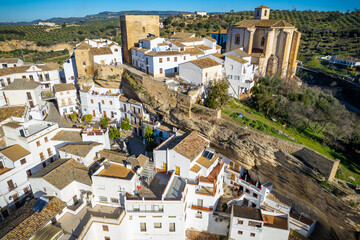 Aerial view above the beautiful village of Setenil de las Bodegas in Spain