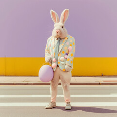 abstract, modern, easter bunny, standing, posing as a human, trendy modern hipster, animal in fashion suit. illustration. generative ai.