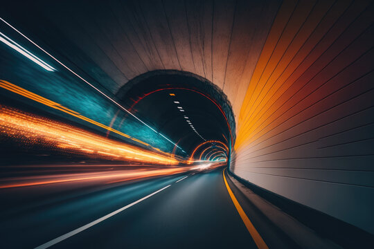 Speed Traffic Light Trail In Highway Tunnel. Generative AI