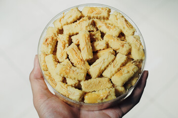 Kaasstengels Kastengel or kue keju are a Dutch cheese snack in the shape of sticks. Commonly found in Indonesia during Eid Al Fitr.