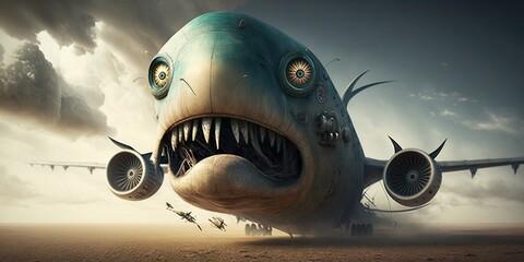 Monster aircraft afraid of fly, concept of Fear and Anxiety, created with Generative AI technology