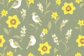 Obraz premium Seamless pattern with flowers of daffodils on pastelle background. Seamless flat painting. Beautiful tribal generative ai art background