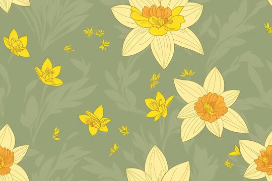 Seamless pattern with flowers of daffodils on pastelle background. Seamless flat painting. Beautiful tribal generative ai art background
