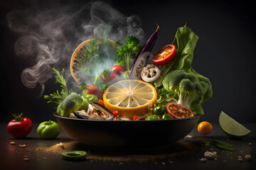 Healthy food. Fish salmon, avocado, broccoli, fresh vegetables, nuts and fruits. Generative AI	