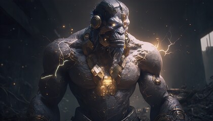futuristic cyborg gorilla, lightning, sinister, wallpaper background created with generative ai technology