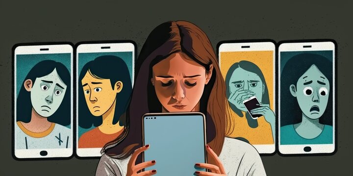 Person scrolling through their social media feed with negative emotions feeling jealous and insecure, concept of Self-Comparison and Social Media Pressure, created with Generative AI technology