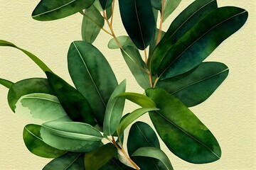 Fototapeta na wymiar Watercolor eucalyptus clipart. Emerald greenery. Retro style. Generative AI