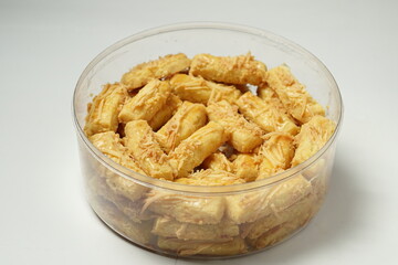 Kaasstengels Kastengel or kue keju are a Dutch cheese snack in the shape of sticks. Commonly found in Indonesia during Eid Al Fitr.