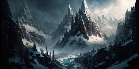 Jagged peaks rise up from the valley below covered in snow in some places and dotted with forests, concept of Majestic scenery and Rugged terrain, created with Generative AI technology