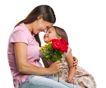 Mother and cute daughter with a bouquet of flowers