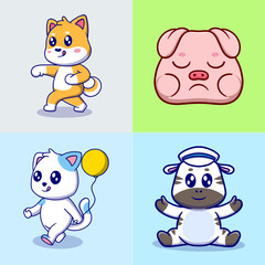 Different types of vector cartoon animals for stickers. Vector illustration of funny cartoons of different animals breeds in trendy flat style.