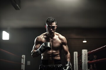 Obraz na płótnie Canvas Latin American professional boxer posing in the ring. Generative AI