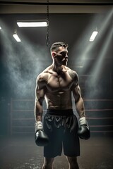 Fototapeta na wymiar Professional boxer posing in the ring. Generative AI vertical illustration