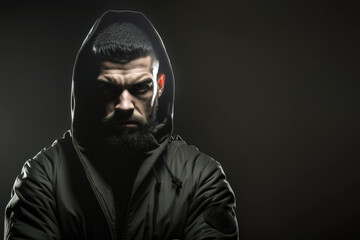 Fototapeta na wymiar Portrait of professional boxer with hoodie and aggressive attitude. Dark background with copy space. Generative AI