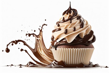Naklejka na ściany i meble Chocolate Cream Cupcake with Chocolate Sauce Sweet Dessert Food, Generative AI