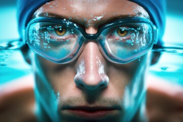 Close up amazing shot of professional swimmer under the water and looking at camera. Generative AI