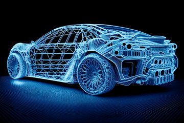 Naklejka premium Back view of Futuristic AR car wireframe concept, generative ai, Augmented reality wireframe of car concept with blue background, futuristic vehicle wireframe concept 