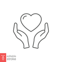 Hand heart line icon. Simple outline style. Wellbeing, health care, support, life, save, love, give, charity concept. Vector illustration isolated on white background. Editable stroke EPS 10.