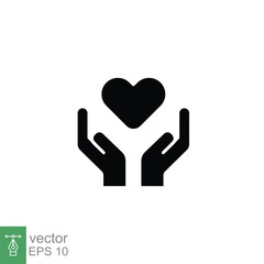 Hand heart glyph icon. Simple solid style. Wellbeing, health care, support, life, save, love, give, charity concept. Black silhouette symbol. Vector illustration isolated on white background. EPS 10.