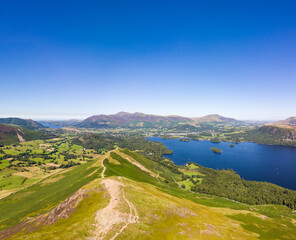 Fototapeta na wymiar Aerial view of the hiking trail across the beautiful Catbells ridge in the English Lake District in summer