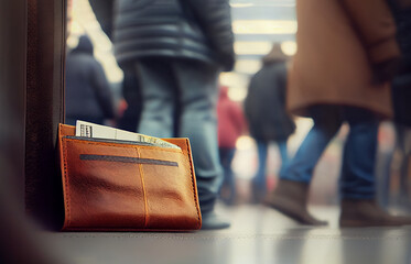 Wallet left on the train station platform floor with many people walking in the station