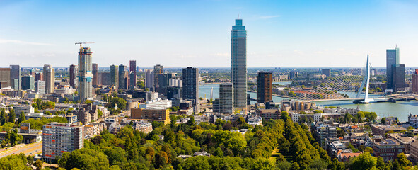 Aerial panorama of Rotterdam city and the Erasmus bridge, Netherlands
