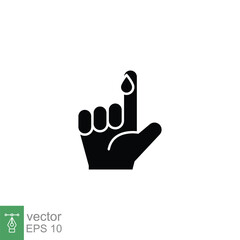 Blood on finger glyph icon. Vector people hand injured isolated symbol. Glucose, insulin test, diabetes concept. Simple solid style. Sign illustration on white background. EPS 10.