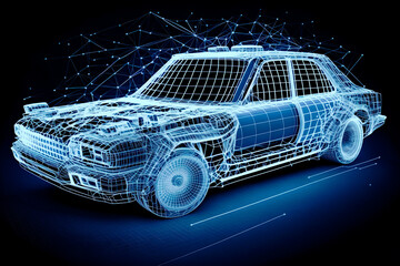 Frontside Vintage AR car wireframe concept, generative ai, Augmented reality wireframe of car concept with blue background	
