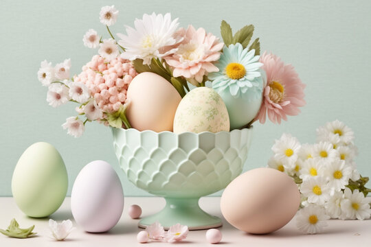 Selection of Spring Easter Eggs and Flowers in Pastel Sorbet Colours