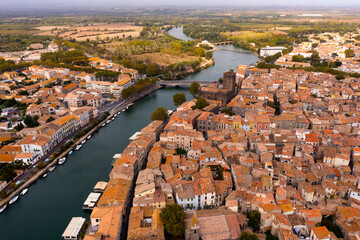 Obraz premium View from drone of houses of Agde, one of oldest towns in France