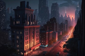 Illustration of a Cyberpunk metropolis futuristic mega city at Night with Skyscrapers. Concept for night life, colorful background with bright and glowing lights. modern buildings, Generative AI