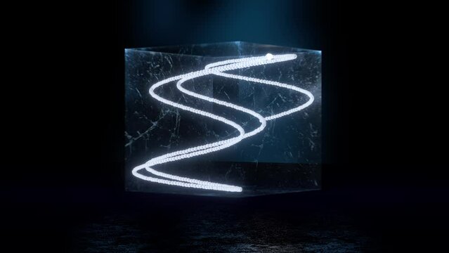 Camera rotates around a 3D Lissarjous figure trapped in a glass box in dark surrounding 