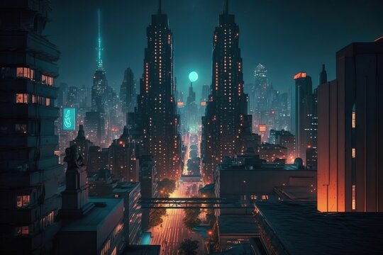 Illustration of a Cyberpunk metropolis futuristic mega city at Night with Skyscrapers. Concept for night life, colorful background with bright and glowing lights. modern buildings, Generative AI
