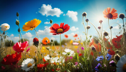 Obraz premium spring flower meadow different colors in grass generative ai 