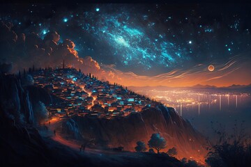 Illustration of The high angle background of the dense light city at Night in top of hills, Concept for aerial view of night life , colorful background bright and lights, Generative AI