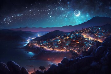 Illustration of The high angle background of the dense light city at Night in top of hills, Concept for aerial view of night life , colorful background bright and lights, Generative AI