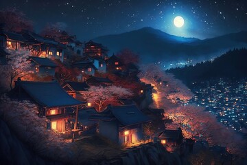 Fototapeta na wymiar Illustration of The high angle background of the japanese light city at Night in top of hills, Concept for aerial view of night life , colorful background bright and lights, Generative AI