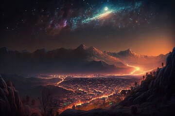 Illustration of The high angle background of the dense light city at Night in top of hills, Concept for aerial view of night life , colorful background bright and lights, Generative AI