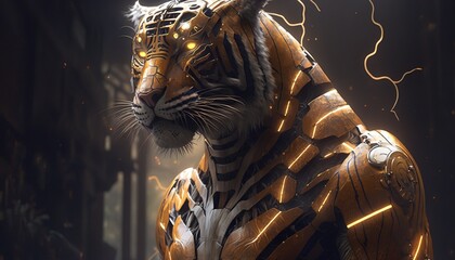 tiger lion cyborg machine robot created with generative ai technology