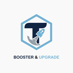 Letter T with Rocket Icon for Booster, Upgrade, Velocity, Speed for Finance, Education Business Consultant
